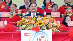 Thủ tướng Chính phủ Phạm Minh Chính đọc Diễn văn kỷ niệm 70 năm Chiến thắng Điện Biên Phủ. Ảnh: Lâm Khánh/TTXVN.