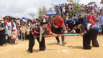 Chơi đẩy gậy tại Ngày hội văn hoá dân tộc Lô Lô huyện Bảo Lâm năm 2024. Ảnh: TTXVN phát