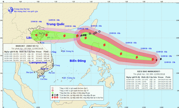 Vị trí và hướng đi của bão số 5 lúc 5h và siêu bão MANGKHUT lúc 2h30 ngày 12/9. (Ảnh: TTKTTVTW) 
