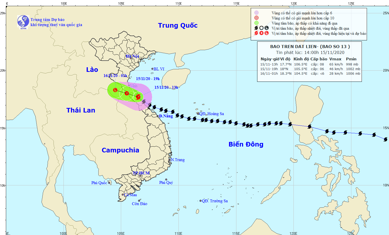 Sau khi đi vào Quảng Nam, Hà Tĩnh, bão số 13 sẽ suy yếu thành áp thấp nhiệt đới. - Ảnh: Trung tâm Dự báo Khí tượng thủy văn Quốc gia.