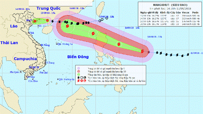 Dự báo, đếm 16/9, siêu bão Mangkhut sẽ đi vào vịnh Bắc bộ