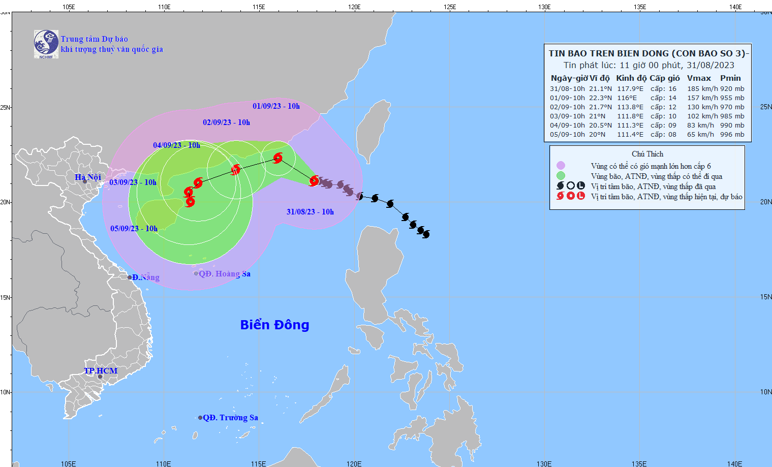 Hồi 10 giờ ngày 31/8, vị trí tâm bão ở vào khoảng 21,1 độ Vĩ Bắc; 117,9 độ Kinh Đông, trên vùng biển phía Đông Bắc của khu vực Bắc Biển Đông, cách Hồng Kông (Trung Quốc) khoảng 450km về phía Đông Đông Nam. Ảnh: nchmf.gov.vn