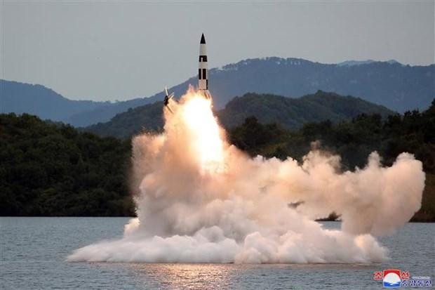 Một vụ phóng thử tên lửa đạn đạo trong cuộc tập trận chiến thuật của Quân đội Nhân dân Triều Tiên (ảnh do Hãng thông tấn Trung ương Triều Tiên công bố ngày 10/10/2022). (Ảnh: KCNA/TTXVN) 