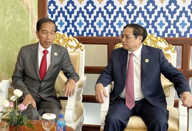 Thủ tướng Phạm Minh Chính Thủ tướng Phạm Minh Chính gặp Thủ tướng Indonesia Joko Widodo. (Ảnh: TTXVN)