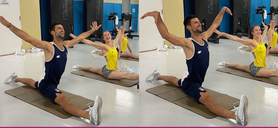 Novak Djokovic tập động tác xoạc chân cùng nhà vô địch thể dục dụng cụ thế giới Nina Derwael. (Ảnh: Twitter)