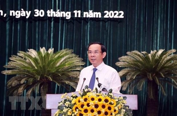 Ông Nguyễn Văn Nên, Ủy viên Bộ Chính trị, Bí thư Thành ủy Thành phố Hồ Chí Minh, phát biểu chỉ đạo Hội nghị. (Ảnh: Xuân Khu/TTXVN)