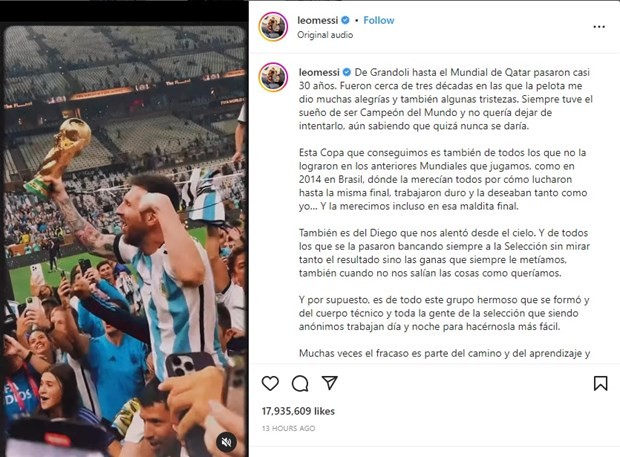 Ảnh chụp màn hình bức thư của Messi đăng trên Instagram.