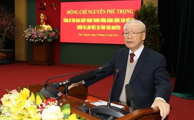 Tổng Bí thư Nguyễn Phú Trọng phát biểu tại buổi làm việc với Ban Thường vụ và lãnh đạo tỉnh Thái Nguyên