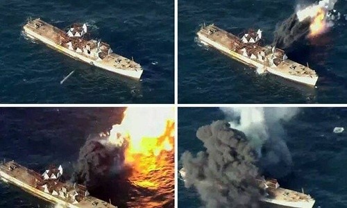 Khoảnh khắc tên lửa Triều Tiên bắn trúng mục tiêu tàu chiến địch giả định. Ảnh: KCTV