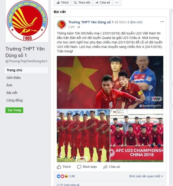 Thông báo cho học sinh nghỉ học để xem bóng đá của trường THPT Yên Dũng. Ảnh: Vietnamnet