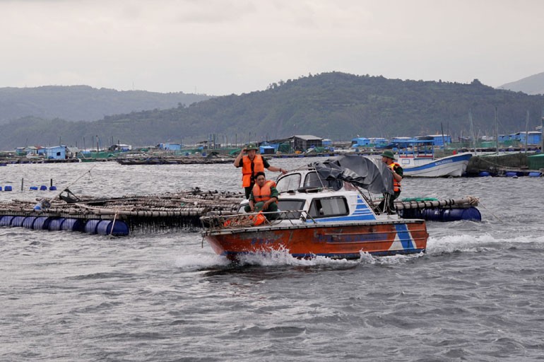 Lực lượng chức năng thị xã Sông Cầu (tỉnh Phú Yên) tuyên truyền, vận động ngư dân trên các tàu thuyền khẩn trương vào bờ trước khi bão đổ bộ vào đất liền. Ảnh: Báo Phú Yên