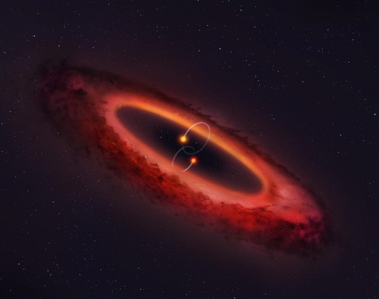 Một đĩa hình thành hành tinh quay quanh 2 cặp sao vừa được kính viễn vọng ALMA ghi nhận - ảnh đồ họa của Mark Garlick/University of Warwick