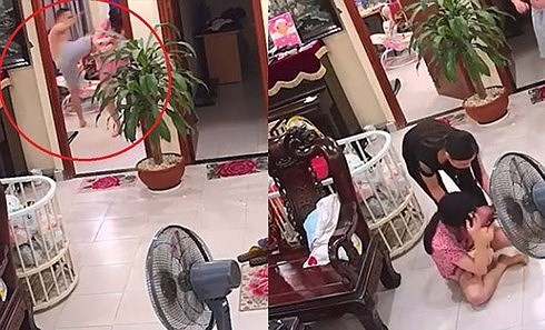 Hình ảnh Nguyễn Xuân Vinh bạo hành vợ mới sinh khiến dư luận phẫn nộ.
