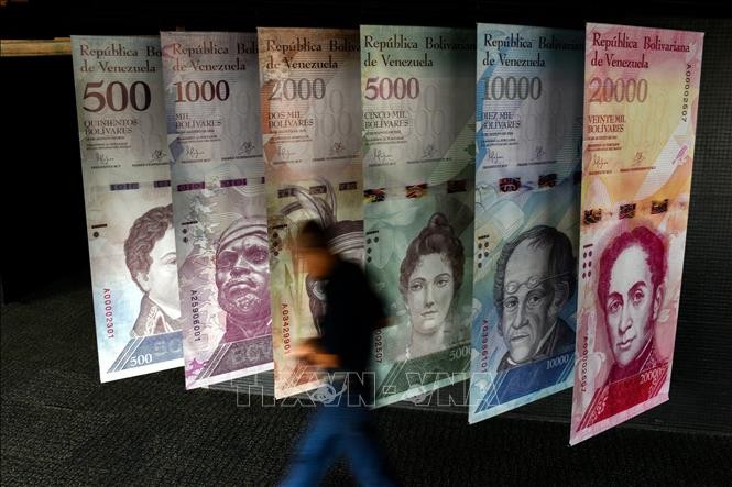 Hình ảnh đồng Bolivar được trưng bày tại Ngân hàng Trung ương ở Caracas. Ảnh tư liệu: AFP/TTXVN