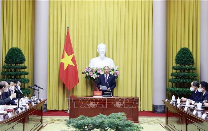 Chủ tịch nước Nguyễn Xuân Phúc phát biểu tại lễ trao quyết định bổ nhiệm. Ảnh: Thống Nhất/TTXVN