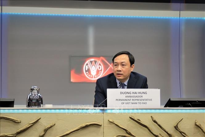 Đại sứ Việt Nam tại Italy Dương Hải Hưng phát biểu tại sự kiện công bố ấn phẩm của FAO. Ảnh: Trường Dụy/TTXVN