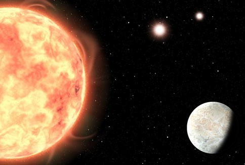Mô phỏng của Sci-News về hành tinh mới phát hiện và 3 mặt trời