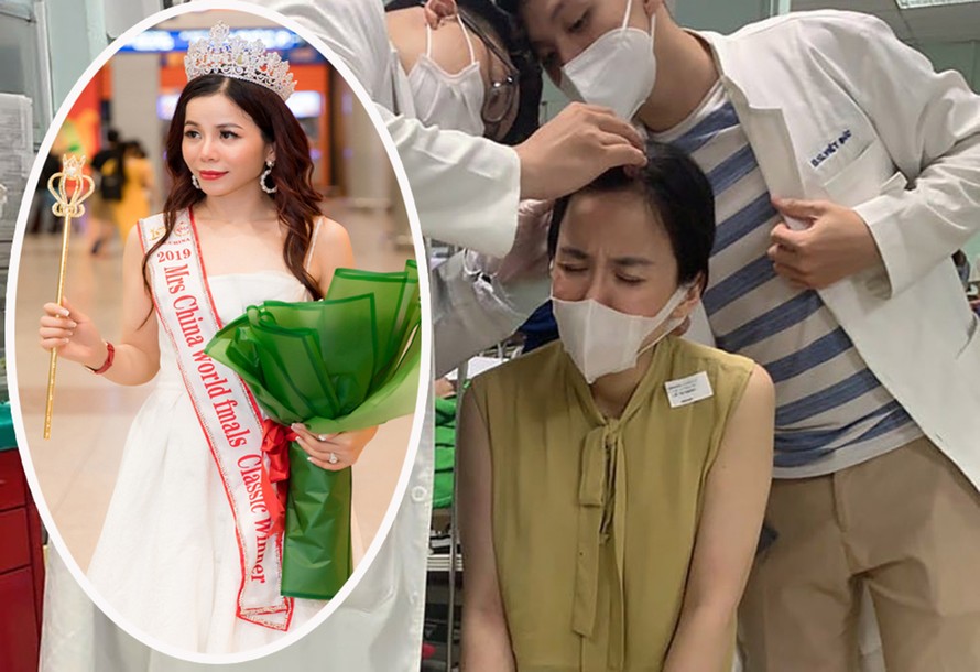 Oanh Lê đăng quang hoa hậu, mang vinh quang về cho gia đình (ảnh nhỏ) và khi đang được sơ cứu vết thương trên đỉnh đầu tại bệnh viện. 