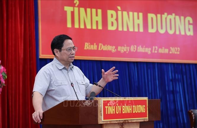 Thủ tướng Phạm Minh Chính phát biểu kết luận buổi làm việc với Ban Thường vụ Tỉnh ủy Bình Dương. Ảnh: TTXVN