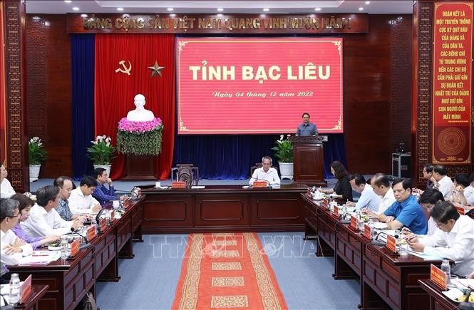 Thủ tướng Phạm Minh Chính kết luận buổi làm việc với lãnh đạo chủ chốt tỉnh Bạc Liêu. Ảnh: TTXVN