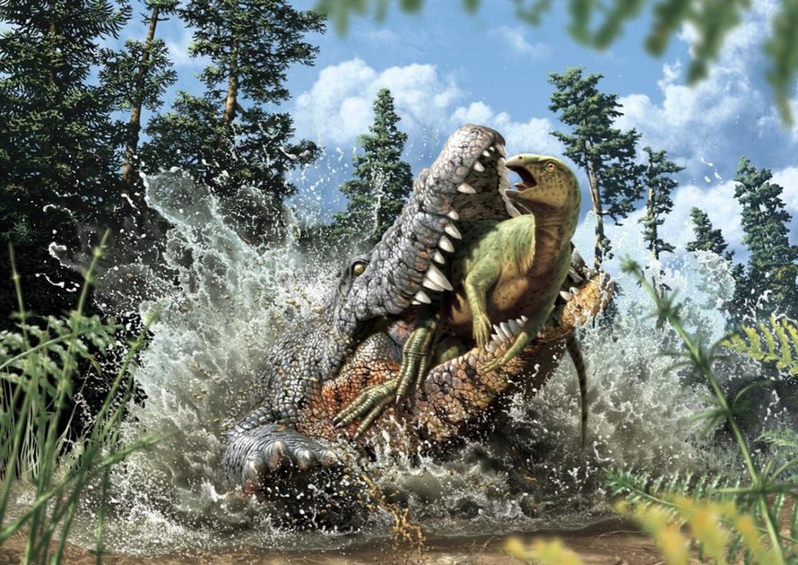 Phục dựng khoảnh khắc cuối cùng của khủng long Ornithopod vị thành niên trong hàm của một con cá sấu Kỷ Phấn Trắng. Ảnh: Endependent 