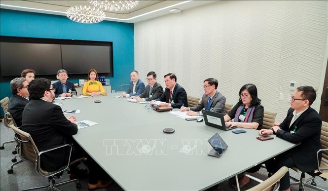 Thứ trưởng thường trực Bộ Y tế Đỗ Xuân Tuyên (thứ 4 từ phải qua) tại buổi làm việc với lãnh đạo Tập đoàn Pfizer Inc của Mỹ. 