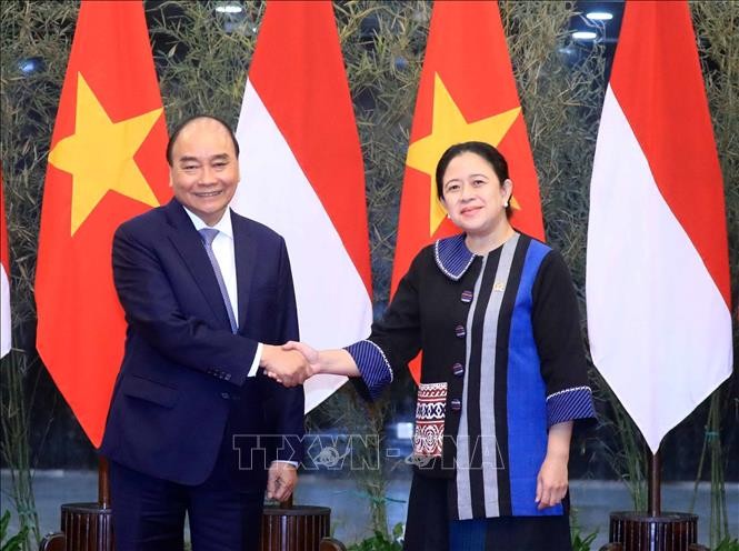 Chủ tịch nước Nguyễn Xuân Phúc hội kiến bà Puan Maharani. Ảnh: Thống Nhất/TTXVN