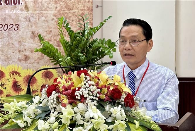 Ông Nguyễn Hữu Giềng, Giám đốc Ban Quản lý Di tích Óc Eo - Ba Thê, An Giang phát biểu khai mạc hội nghị.