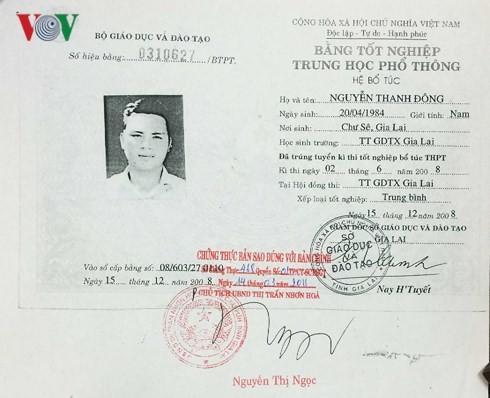 Bằng tốt nghiệp THPT giả của ông Nguyễn Thanh Đông. Ảnh: VOV
