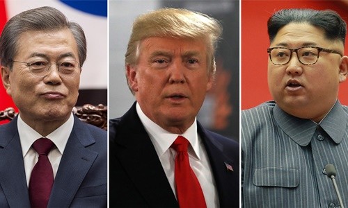 Từ trái qua, Tổng thống Hàn Quốc Moon Jae-in, Tổng thống Mỹ Donald Trump và lãnh đạo Triều Tiên Kim Jong-un. Ảnh: Reuters, AFP.
