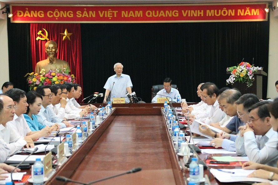 Tổng Bí thư Nguyễn Phú Trọng làm việc với Ban Tuyên giáo Trung ương ngày 1/8/2018. Ảnh Tuyengiao.vn