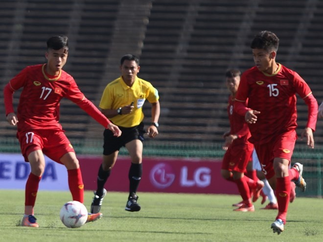 Các cầu thủ U22 Việt Nam sẵn sàng cho trận đấu gặp U22 Thái Lan. Ảnh: Tuấn Cương/TTXVN