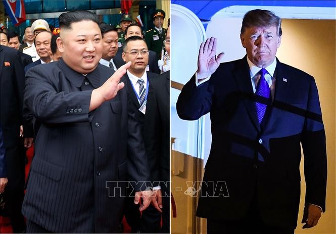 Tổng thống Mỹ Donald Trump (phải) và Chủ tịch Triều Tiên Kim Jong-un (trái) tới Việt Nam để dự Hội nghị thượng đỉnh Mỹ- Triều lần 2, ngày 26/2/2019. Ảnh: Yonhap/TTXVN