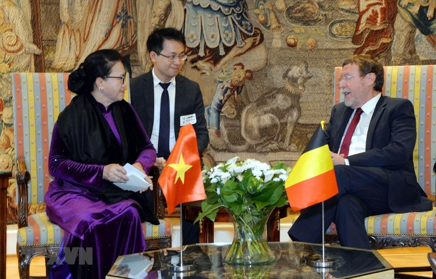 Chủ tịch Quốc hội Nguyễn Thị Kim Ngân hội kiến với Chủ tịch Hạ viện Bỉ Siegfried Bracke. (Ảnh: Trọng Đức/TTXVN)