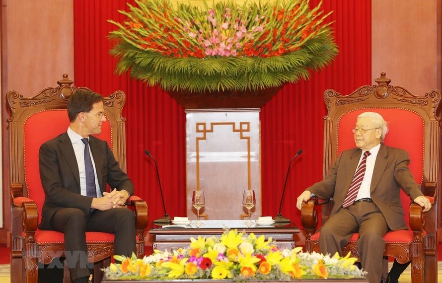 Tổng Bí thư, Chủ tịch nước Nguyễn Phú Trọng tiếp Thủ tướng Vương quốc Hà Lan Mark Rutte. (Ảnh: Trí Dũng/TTXVN)