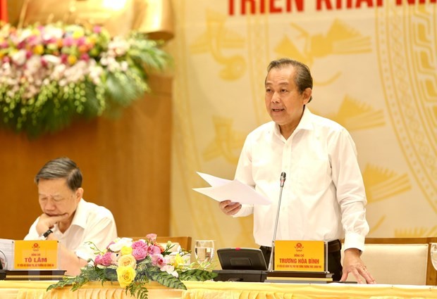 Phó Thủ tướng Thường trực Trương Hòa Bình, Trưởng Ban Chỉ đạo 138/CP và Ban Chỉ đạo 389 chủ trì hội nghị. (Ảnh: Dương Giang/TTXVN)