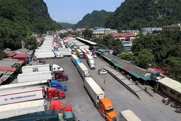 Xe chở hàng hóa xuất khẩu tại cửa khẩu Tân Thanh. (Ảnh: Phạm Hậu/TTXVN)