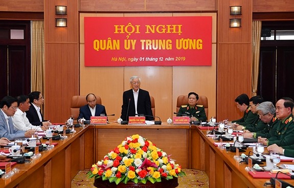 Tổng Bí thư, Chủ tịch nước Nguyễn Phú Trọng, Bí thư Quân ủy Trung ương phát biểu tại Hội nghị. Ảnh: QĐND