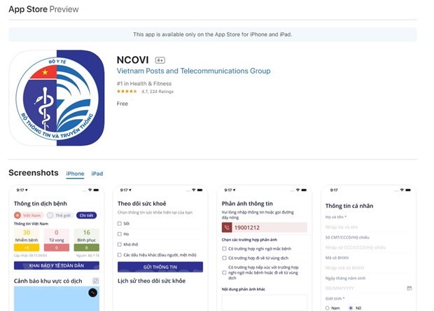 Ứng dụng khai báo y tế toàn dân NCOVI đã có mặt trên hệ điều hành iOS