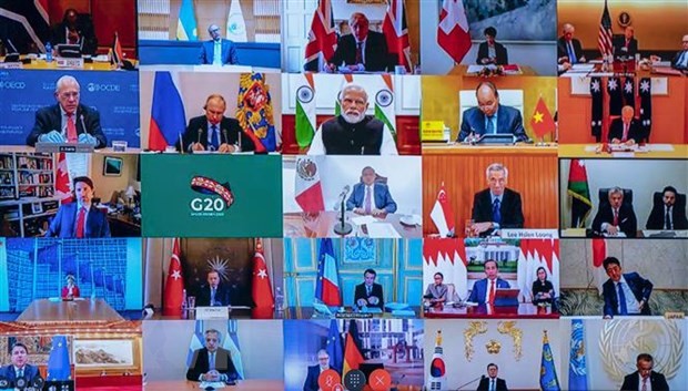 Toàn cảnh hội nghị trực tuyến Nhóm các nền kinh tế phát triển và mới nổi hàng đầu thế giới (G20) về dịch bệnh viêm đường hô hấp cấp COVID-19. (Ảnh: AFP/TTXVN)