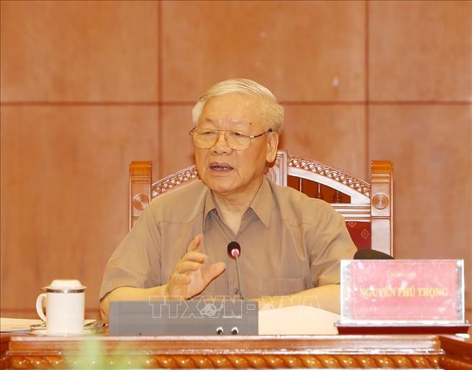 Tổng Bí thư, Chủ tịch nước Nguyễn Phú Trọng, Trưởng Ban Chỉ đạo phát biểu kết luận cuộc họp. Ảnh: Trí Dũng/TTXVN