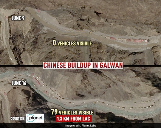 Hình ảnh vệ tinh cho thấy không có phương tiện nào hôm 9-6 và 79 phương tiện của Trung Quốc hôm 16-6 ở Galwan Ảnh: Planet Labs