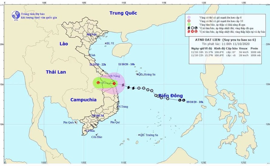 Bão số 6 đã đi vào đất liền các tỉnh Quảng Nam, Quảng Ngãi và suy yếu thành áp thấp nhiệt đới. Ảnh: KTTV