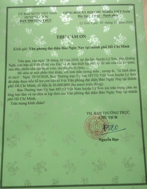 Thư cảm ơn từ Ban Thường Trực UB MTTQ Việt Nam huyện Lý Sơn gửi Báo Ngày Nay.