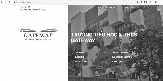 Trên website, tên "Trường Phổ thông liên cấp quốc tế Gateway" được đổi sang "Trường Tiểu học & THCS Gateway"
