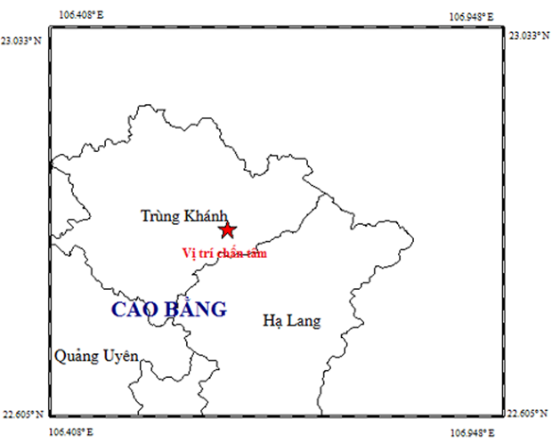 Bản đồ Tâm chấn động đất tại huyện Trùng Khánh, tỉnh Cao Bằng. (Nguồn ảnh: Viện VLĐC