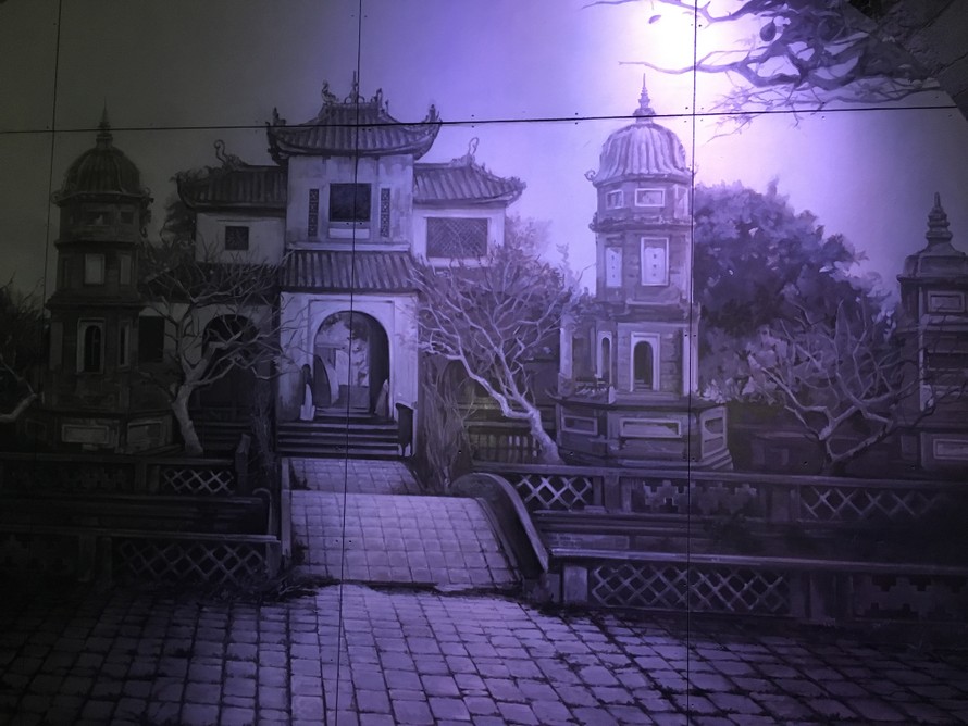 Hình ảnh vẽ lại chùa Báo Ân đã bị phá ở phố Phùng Hưng.