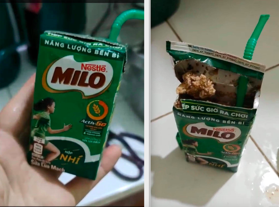 Chị V. phát hoảng khi phát hiện hộp sữa Milo đã bị vón cục, bốc mùi hôi thối mặc dù nắp hộp được dán kín và hạn sử dụng vẫn còn khá dài.