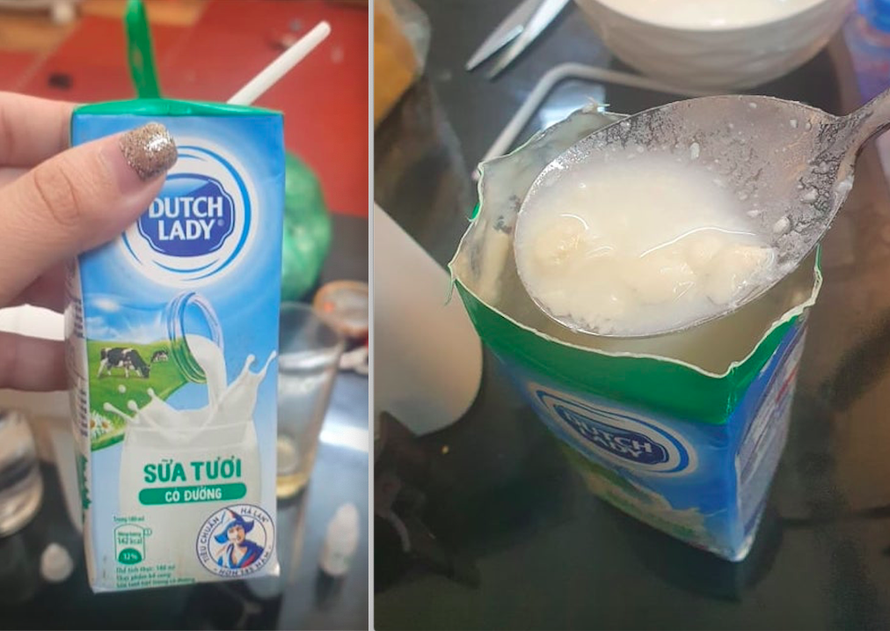 Khi cắt hộp sữa tươi Dutch Lady ra, chị Thảo đã phát hoảng khi nhìn thấy phần sữa bên trong hộp bị vón cục, bốc mùi hôi khó chịu dù nắp hộp sữa khi đó được dán kín, không hề có dấu hiệu bị thủng. (Ảnh do NVCC)