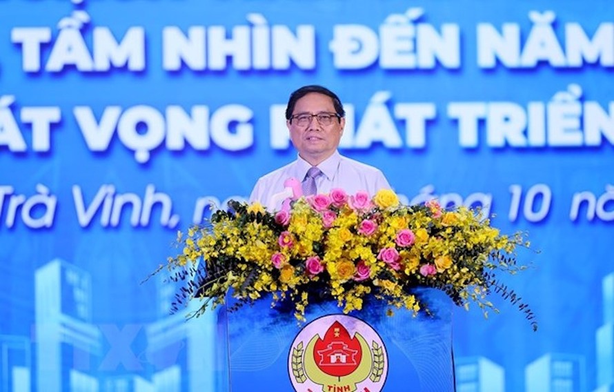 Thủ tướng Phạm Minh Chính phát biểu tại Hội nghị Công bố Quy hoạch tỉnh Trà Vinh. 